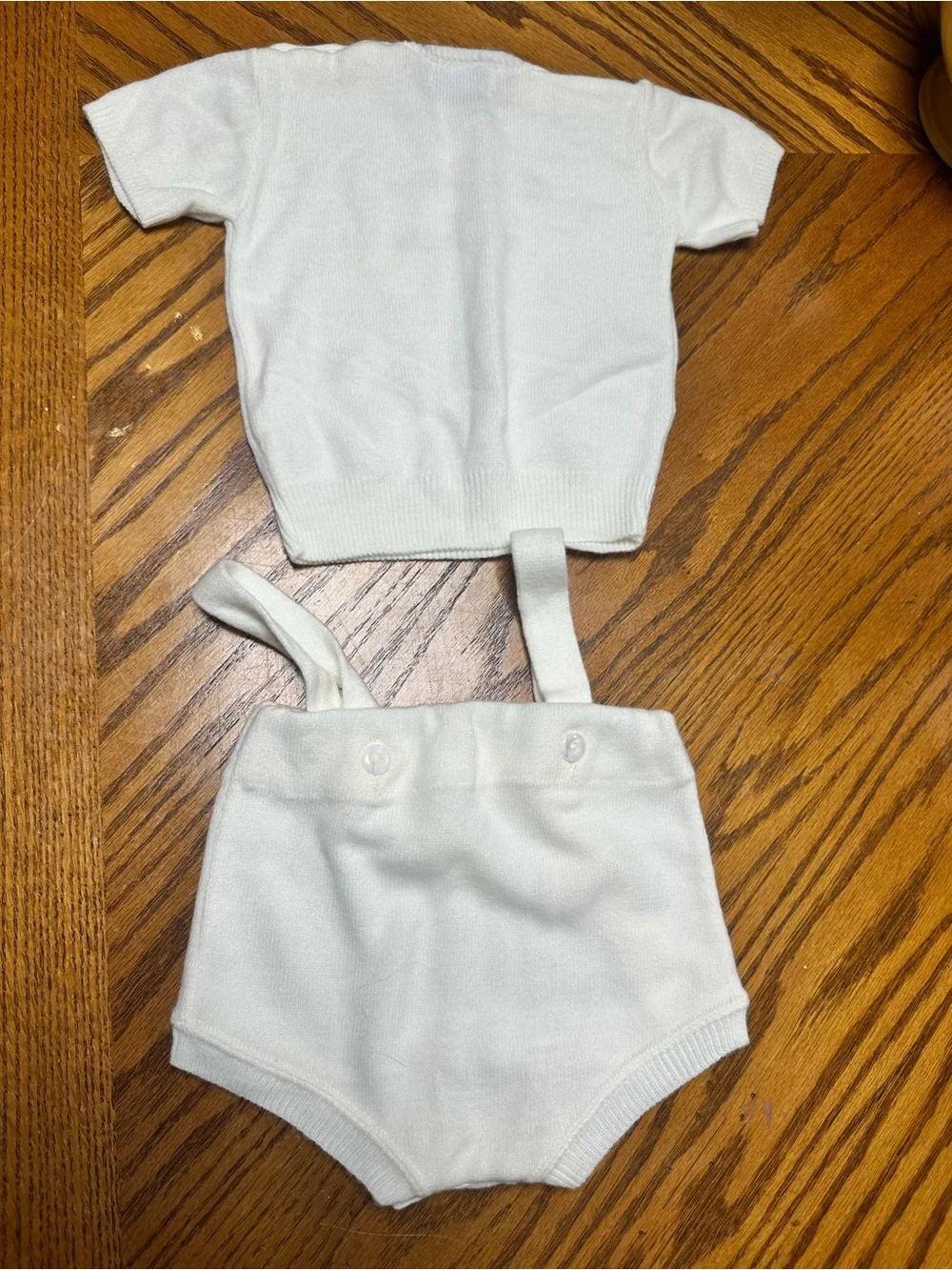 Vtg Spur Creations Cream Knit Baby Suspender Short Set with Colorful Train